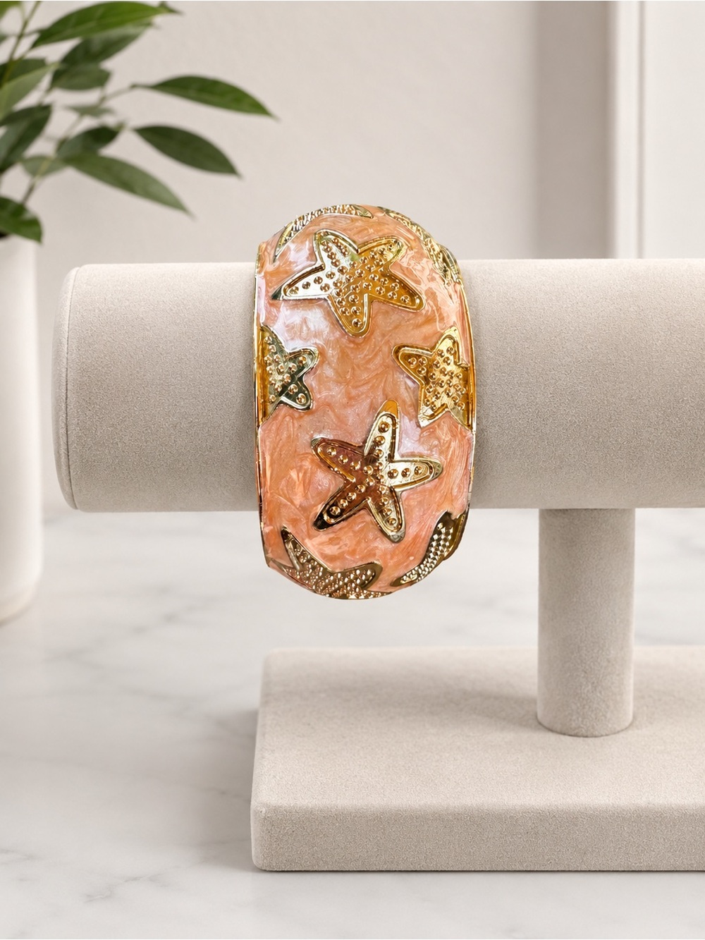 Handcrafted Starfish Resin Cuff Bracelet - Peach Gold Accent